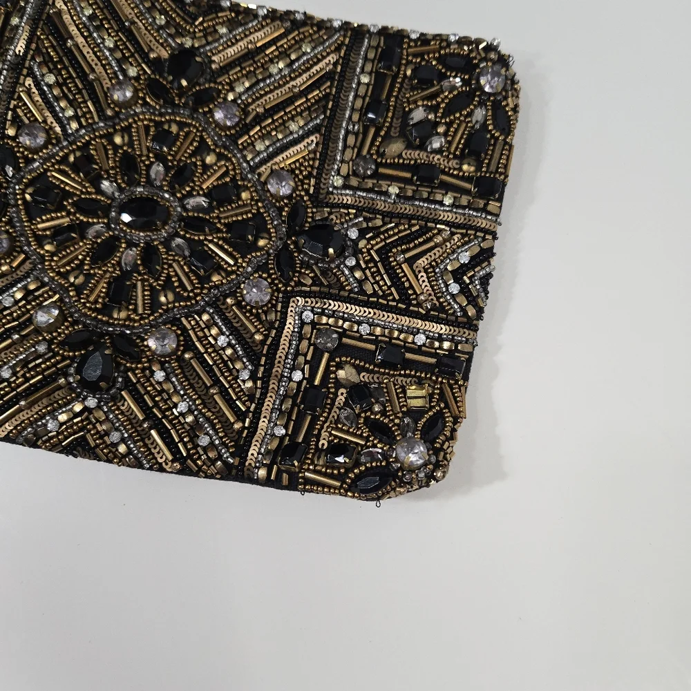 Chico's Black and Gold Beaded Wristlet Clutch